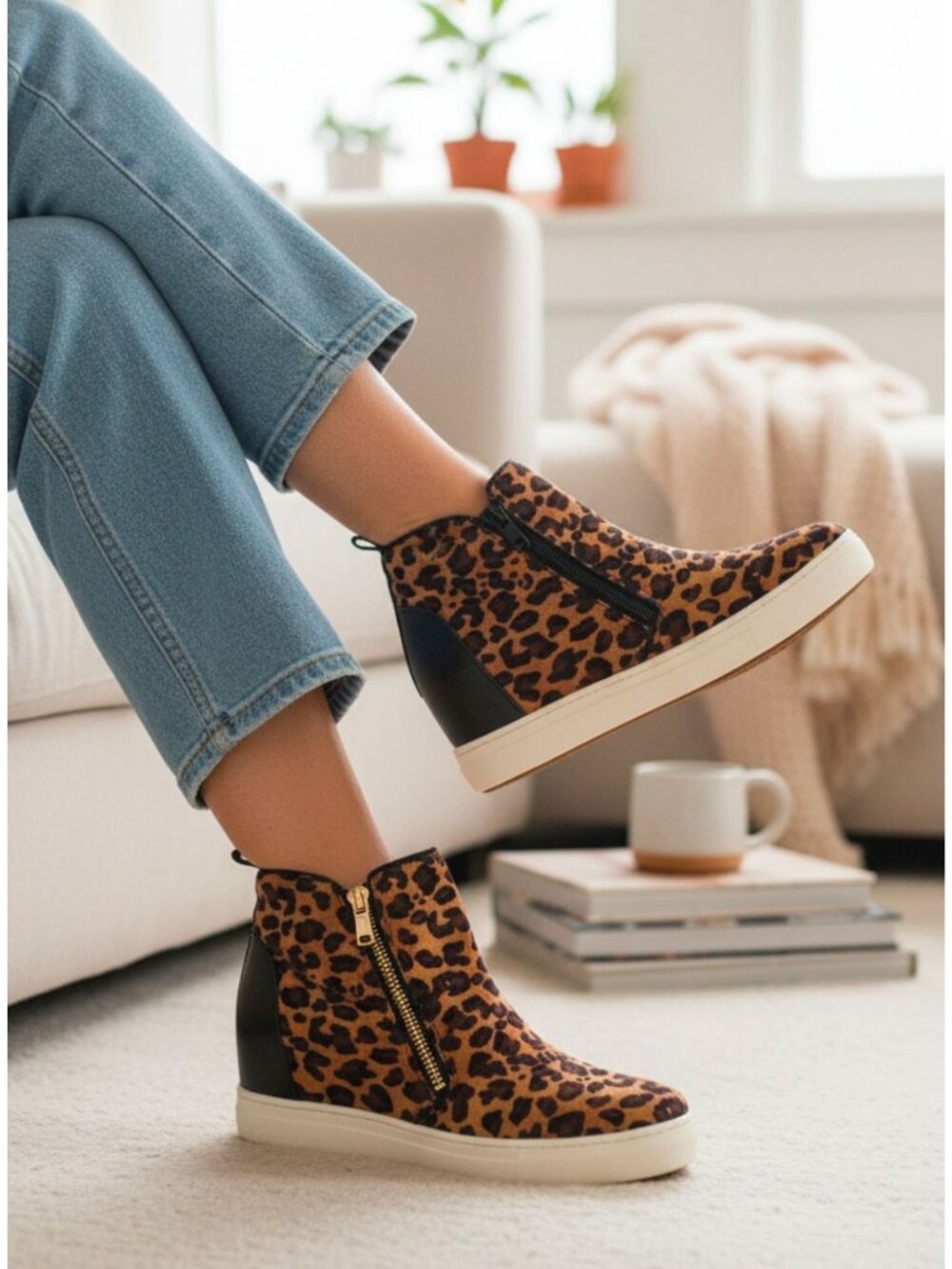 Leopard Print Wedge Sneakers With Side Zipper & Black Accents